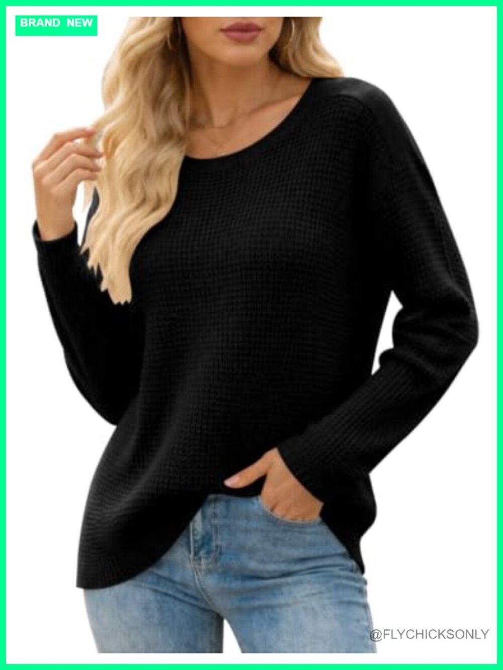Waffle Knit Sweater Women's Long Sleeve Crew Neck Pullover
